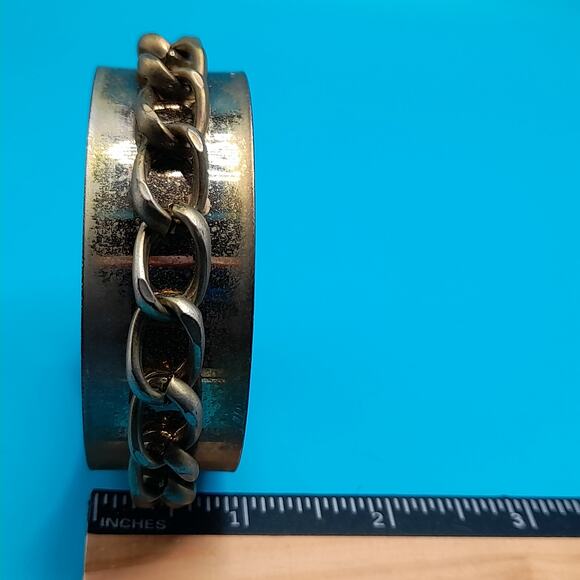 Vintage Distressed Gold Tone Bangle, Chain Attached, 7 7/8" - Picture 9 of 9
